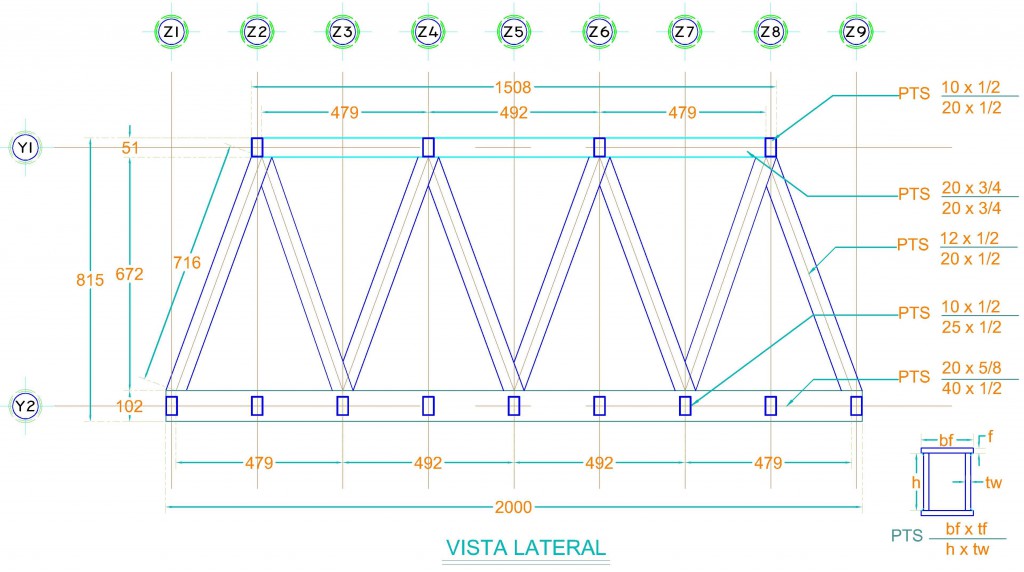 b) por medio de armadura metálica con secciones placas soldadas (cotas en cm).