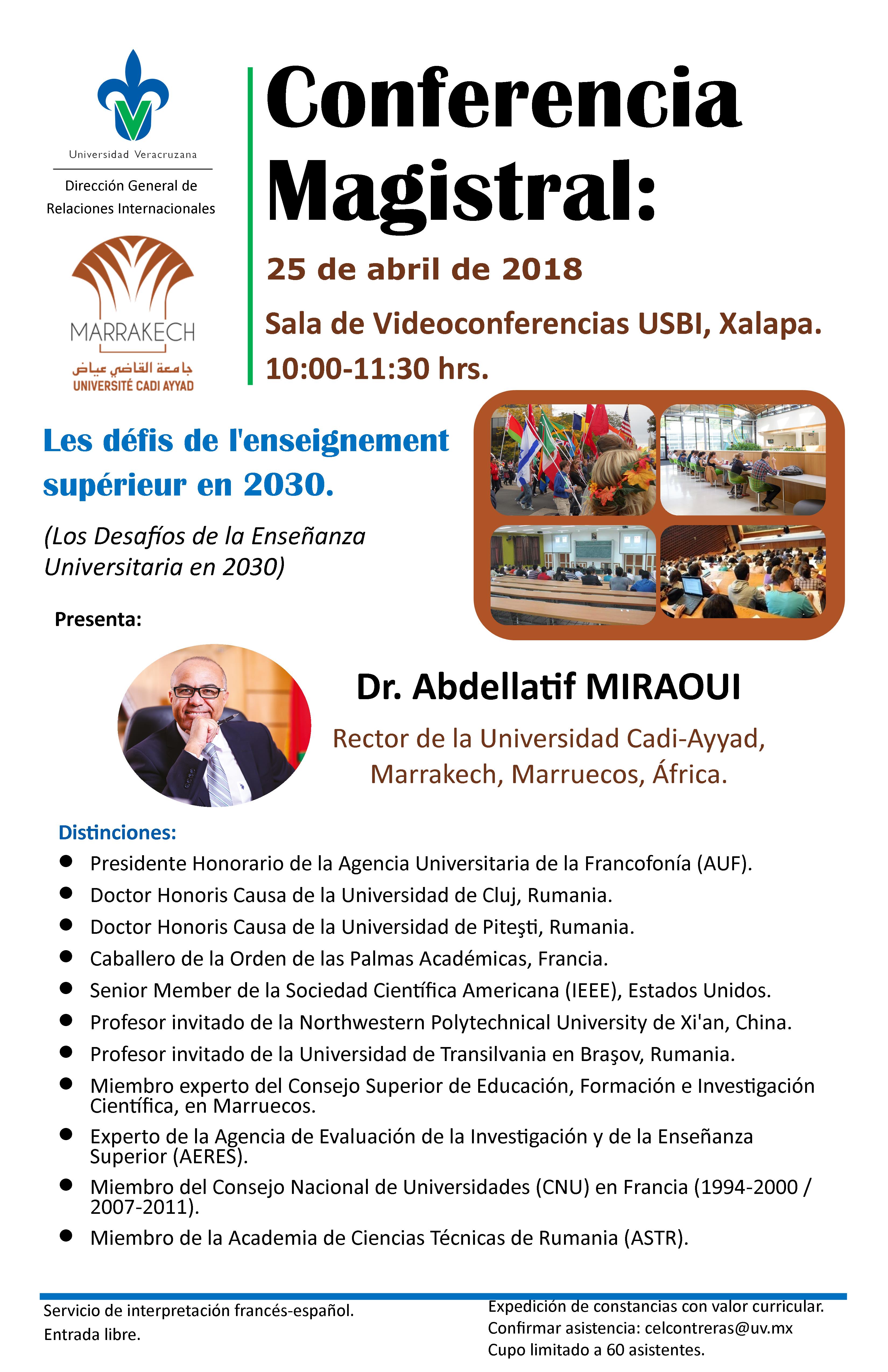 Cartel Conferencia Magistral: Adbellatif Miraoui Les défis de I'enseignement supérieur en 2030