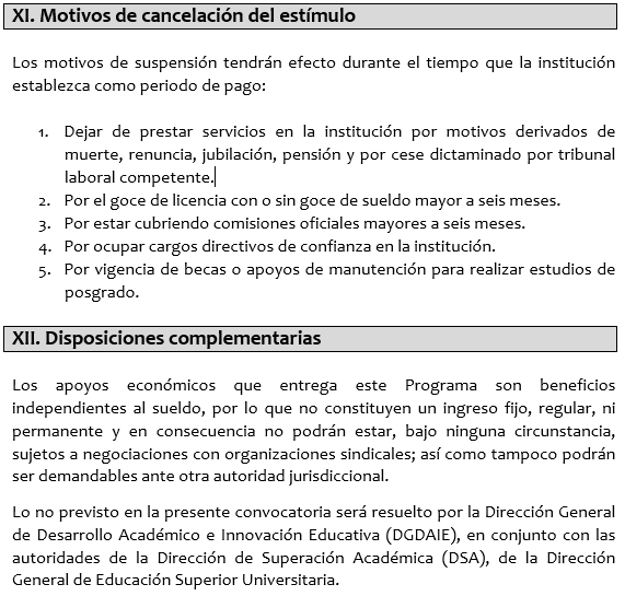 11. Motivos de cancelación del estímulo, 12. Disposiciones complementarias