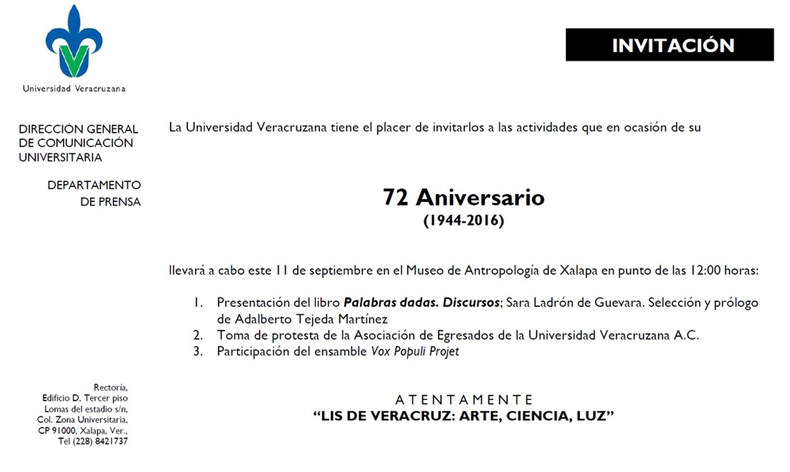 Invitación 72 Aniversario Universidad Veracruzana