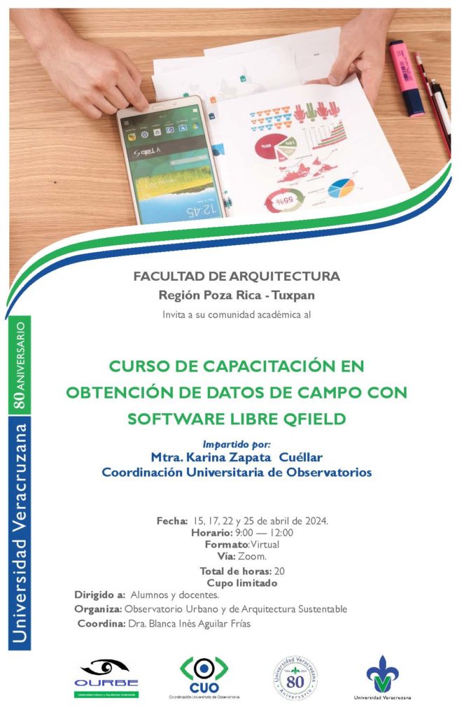 Poster del curso de capacitación en obtención de datos de campo con software libre QField. Impartido por Mtra. Karina Zapata Cuéllar de la Coordinación Universitaria de Observatorios.