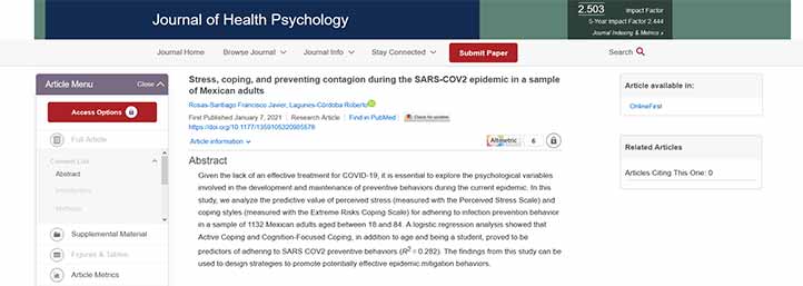 El Journal of Health Psychology publicó un estudio sobre Covid-19 de investigadores del IIP-UV 