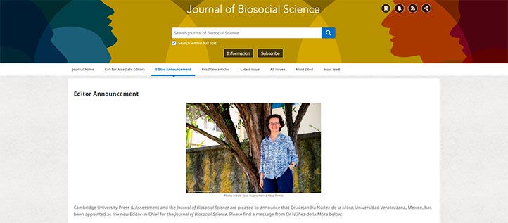 Alejandra Núñez de la Mora fue nombrada editora en jefe de la Journal of Biosocial Science de la Universidad de Cambridge