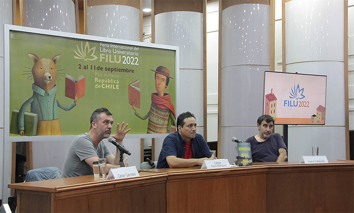 César Gándara, César Silva Márquez e Imanol Caneyada, en la presentación del libro Sombras nada más