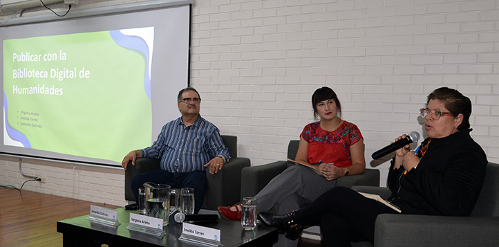 Gerardo Antonio Galindo Peláez, Virginia Arieta Baizabal e Imelda Torres Sandoval, compartieron sus experiencias como escritores y coordinadores de obra 