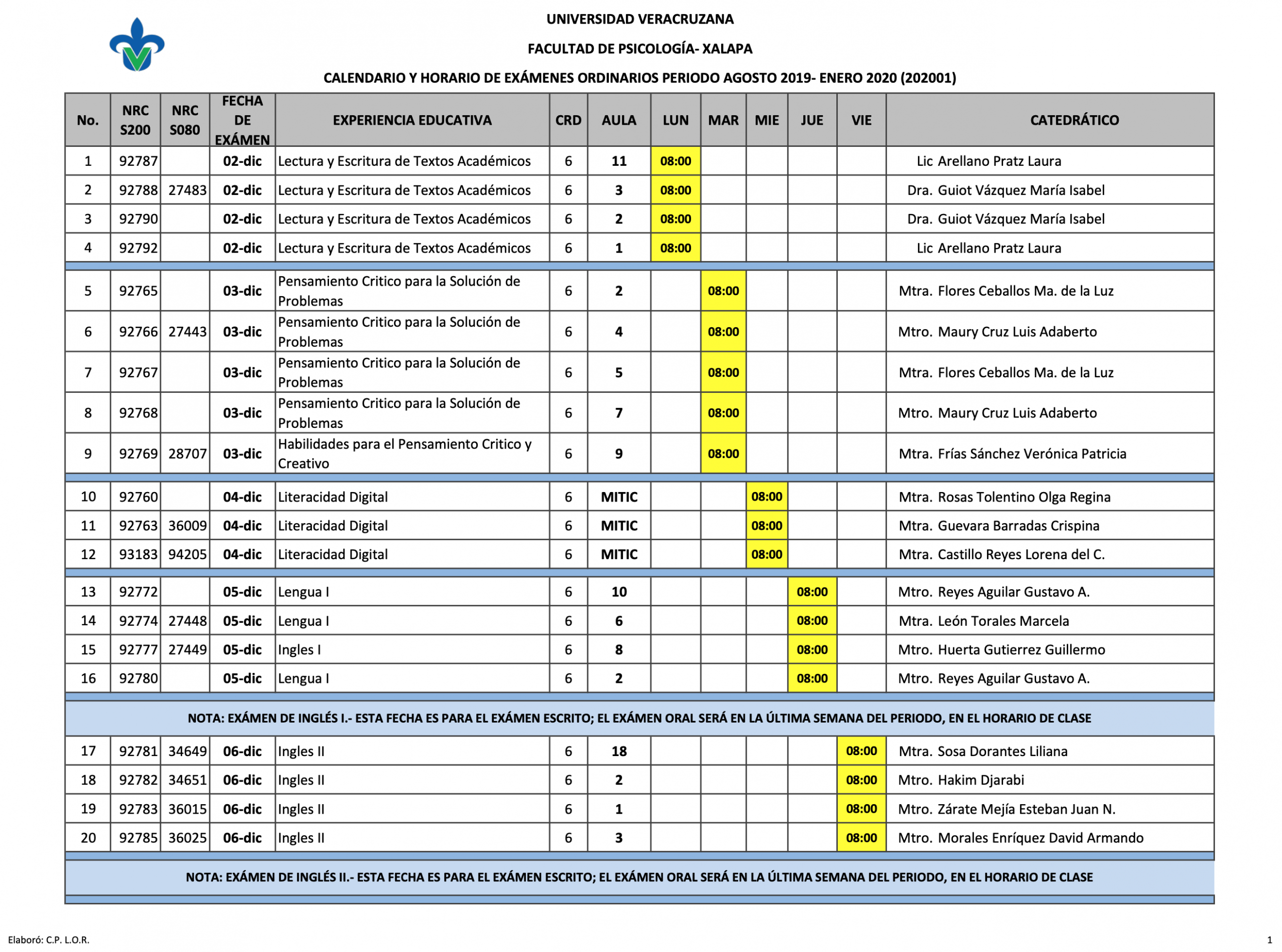 Calendario de Exámenes Finales | 202001