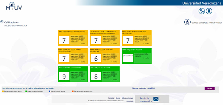 Consulta las calificaciones del periodo que cursas, una vez que los docentes las registren en línea. Para ver las de periodos anteriores, haz clic en el botón Detalle.